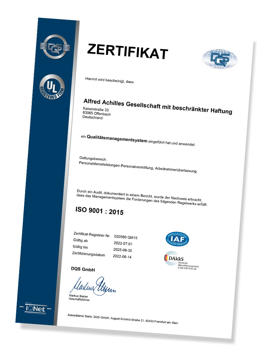 ISO 9001:2015 Qualitätsmanagement Zertifikat 
